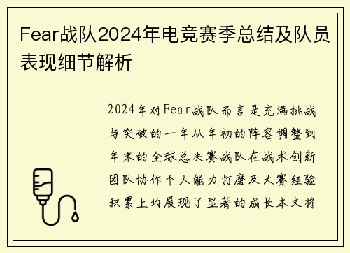 Fear战队2024年电竞赛季总结及队员表现细节解析